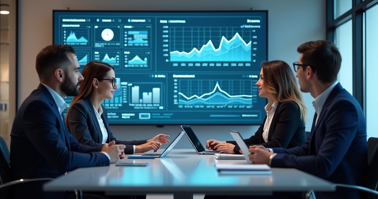 Equipe analisa gráficos preditivos de vendas e estoques em reunião