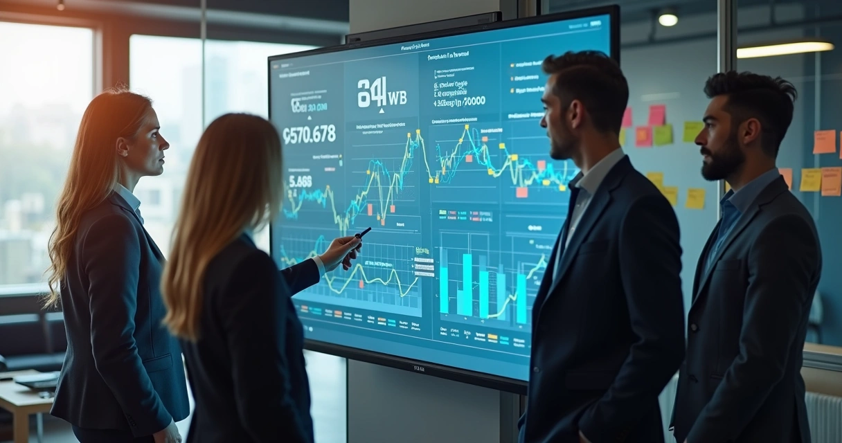 Equipe de vendas analisando gráficos preditivos em monitor grande. 