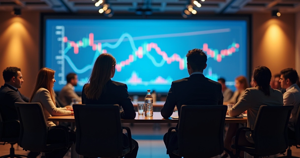 Equipe comercial reunida olhando para gráficos preditivos 