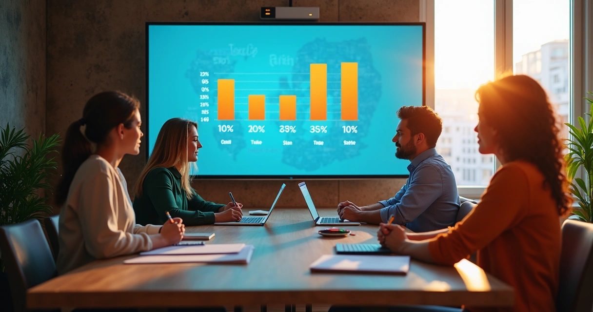 Gráfico colorido de vendas e equipe analisando dados