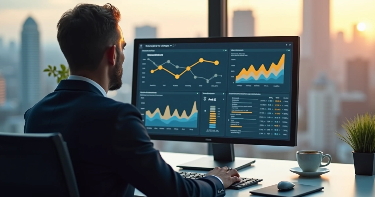 Profissional analisando recomendações em tela de computador com gráficos preditivos 