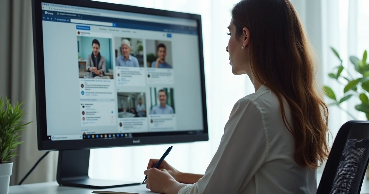 Pessoa analisando redes sociais e site de empresa no computador 