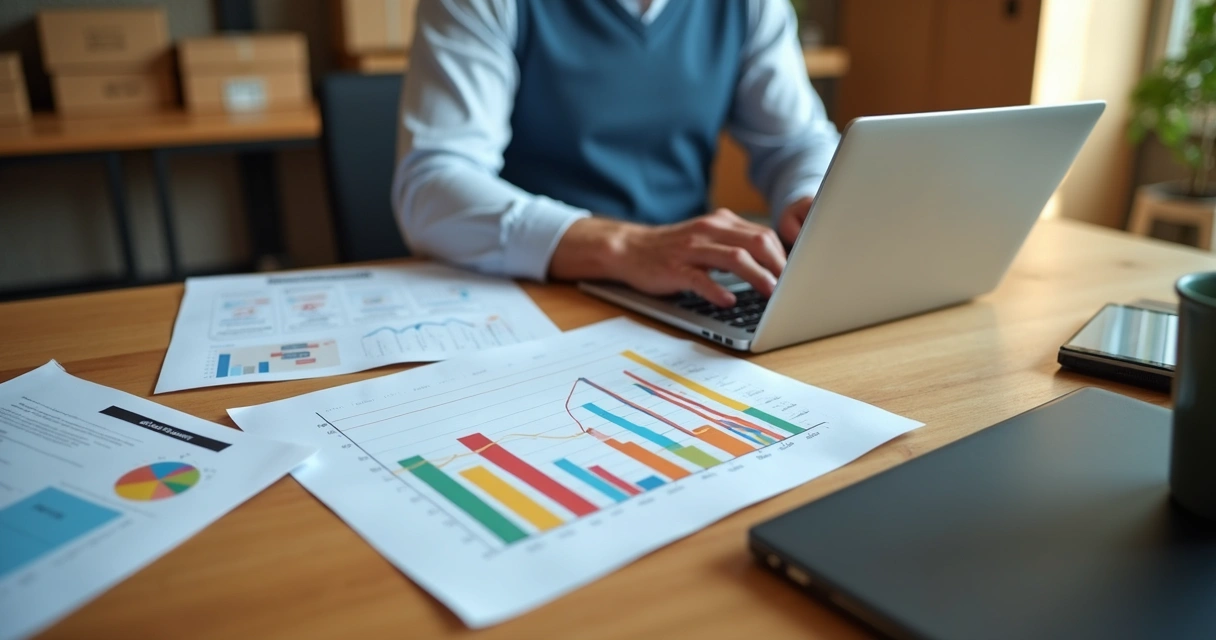 Homem analisa gráficos de estoque sentado em mesa com laptop, papéis e caixas ao fundo 