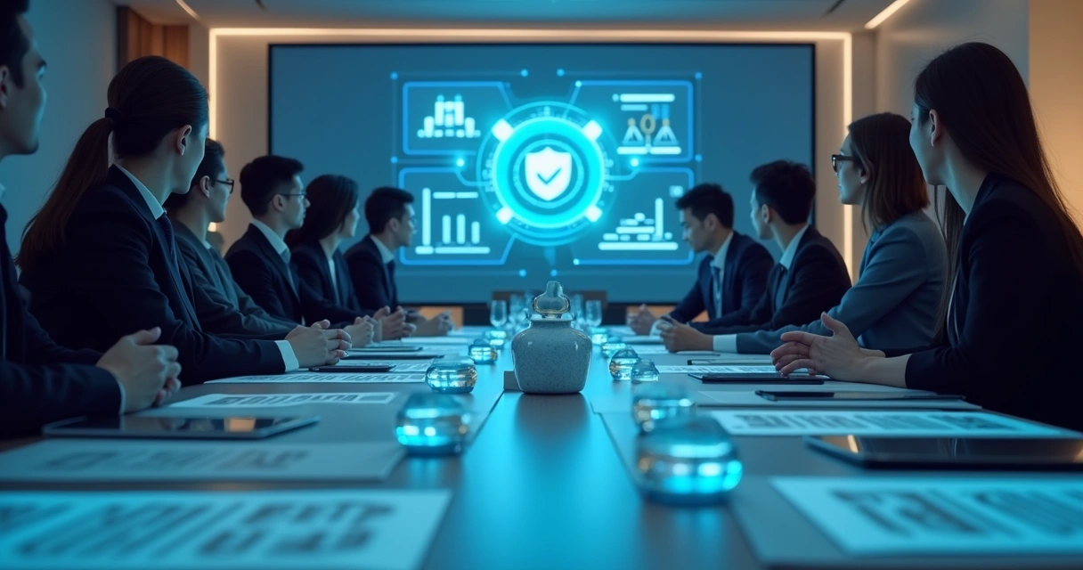 Sala de reunião com equipe discutindo ética e privacidade de dados 