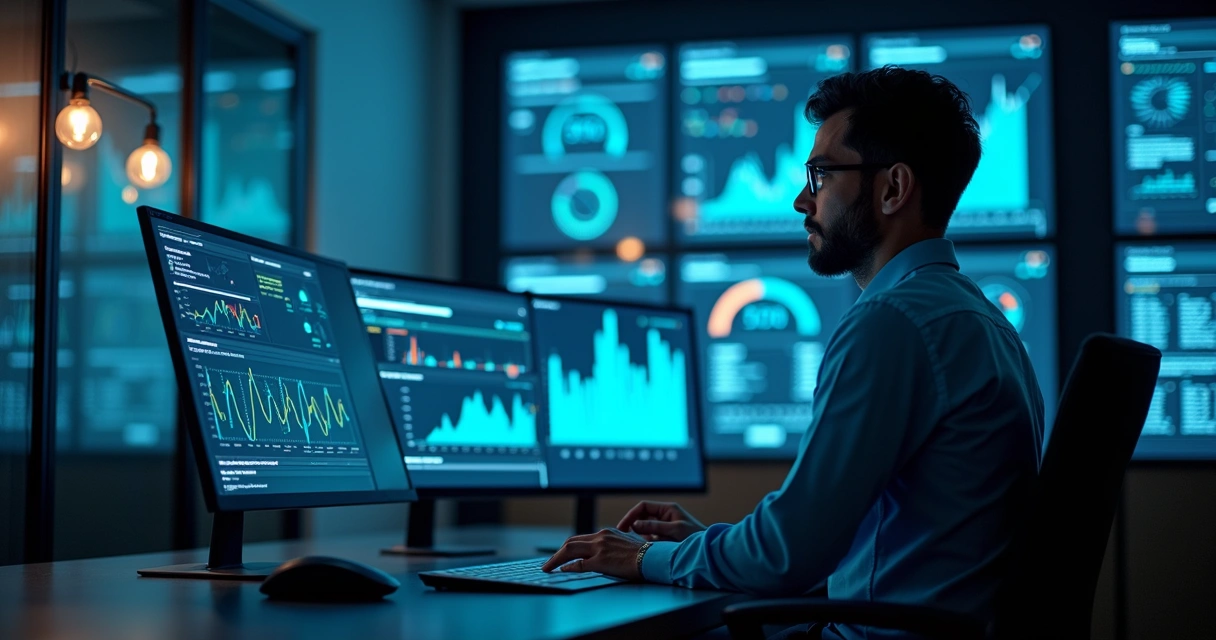 Especialista em TI analisando gráficos de desempenho no monitor