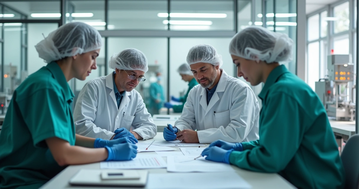 Equipe da indústria alimentícia analisando documentos operacionais 