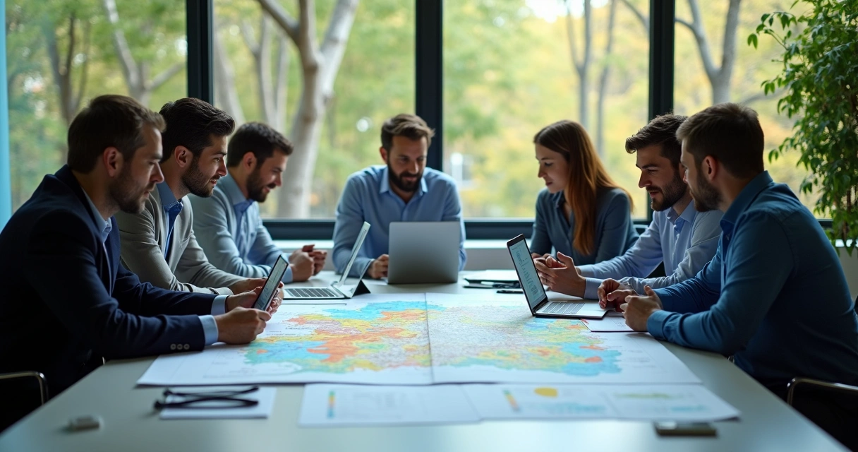 Equipe analisando projetos ambientais e mapas em escritório 