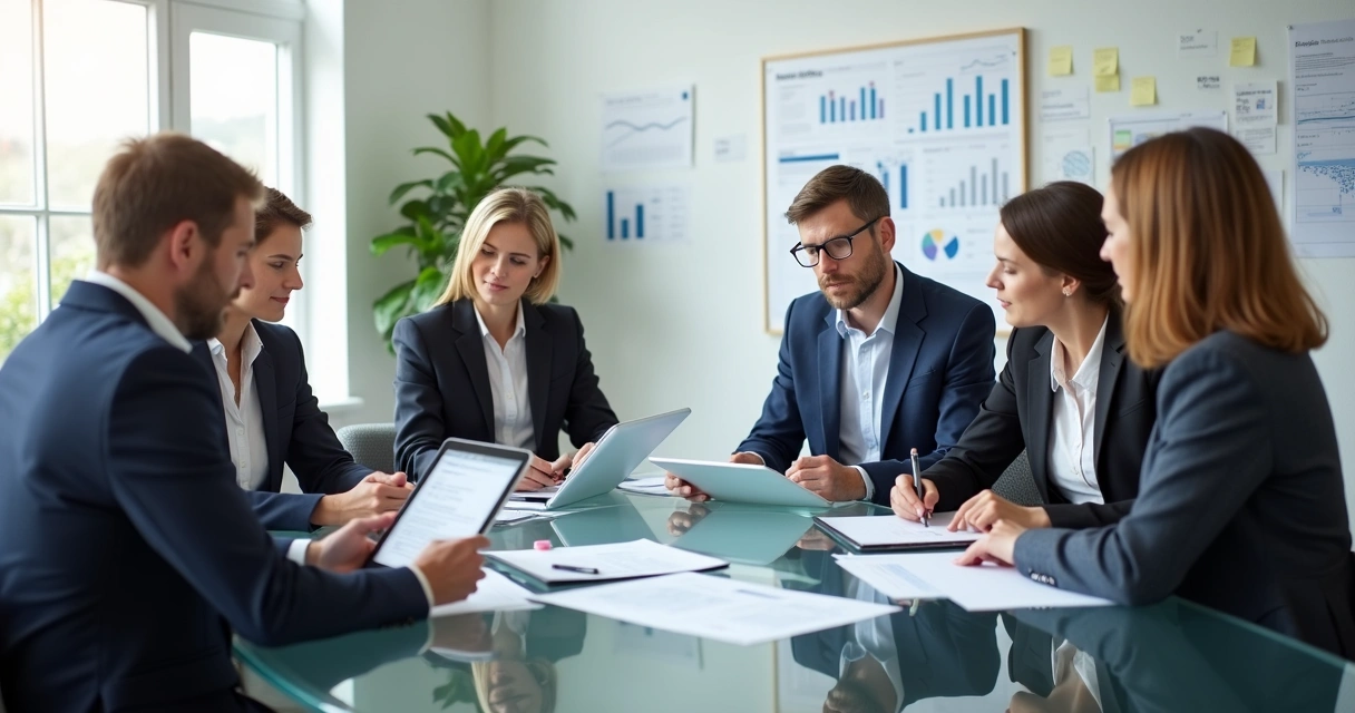 Equipe analisando relatórios de cobrança em sala de reunião