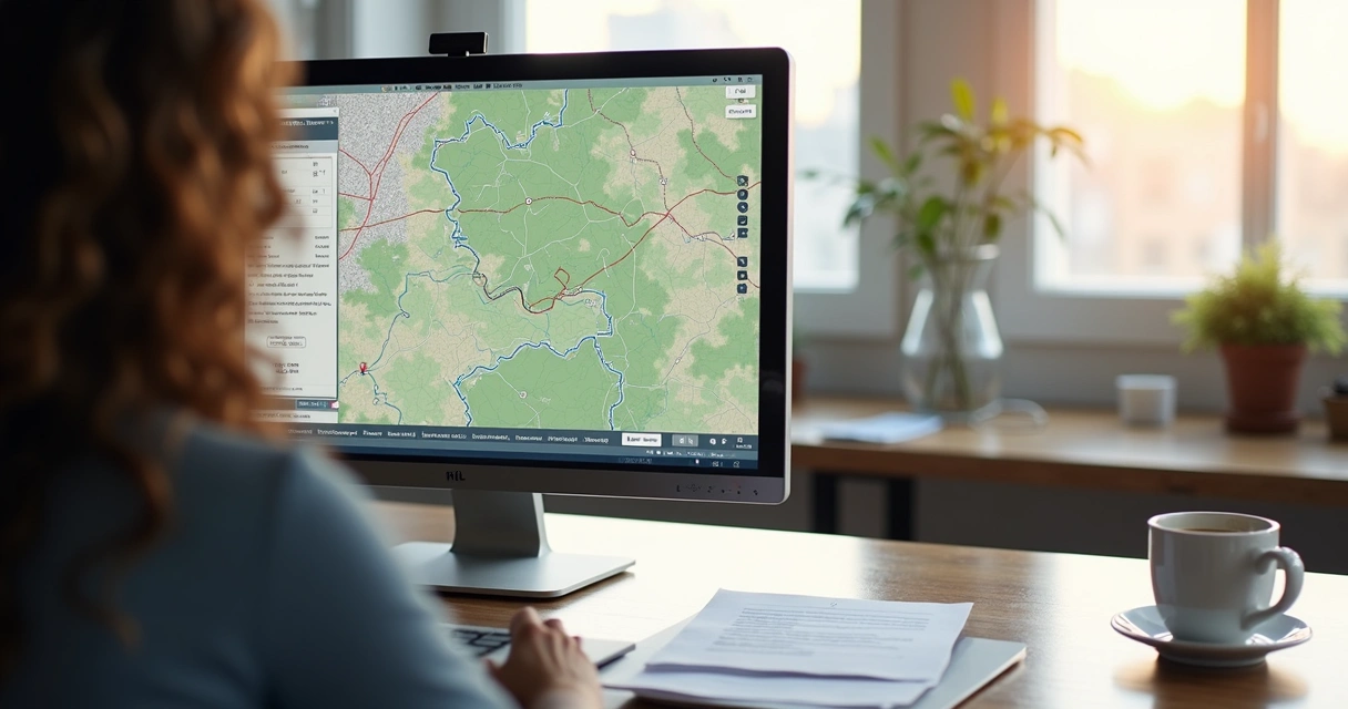 Tela de computador exibindo software de análise geoespacial fundiária 