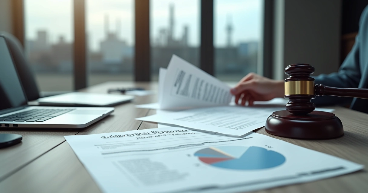 Mesa de escritório com documentos jurídicos e laudos periciais industriais 