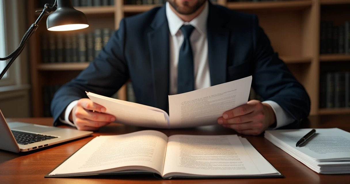 Advogado analisando documentos processuais 