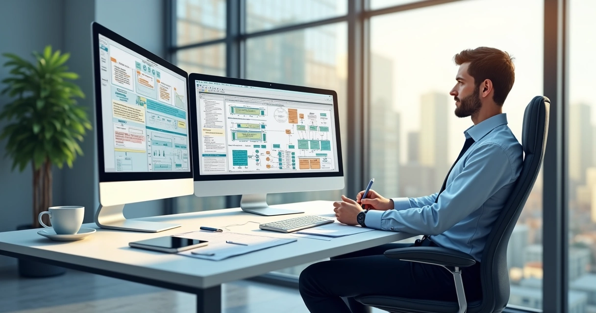 Analista revisando fluxos de trabalho automatizados em escritório moderno 
