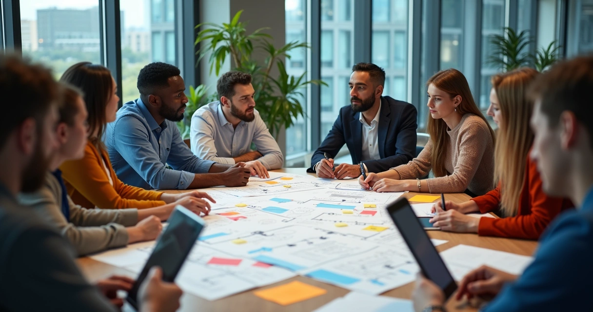 Equipe discutindo fluxos de processos em sala de reunião 