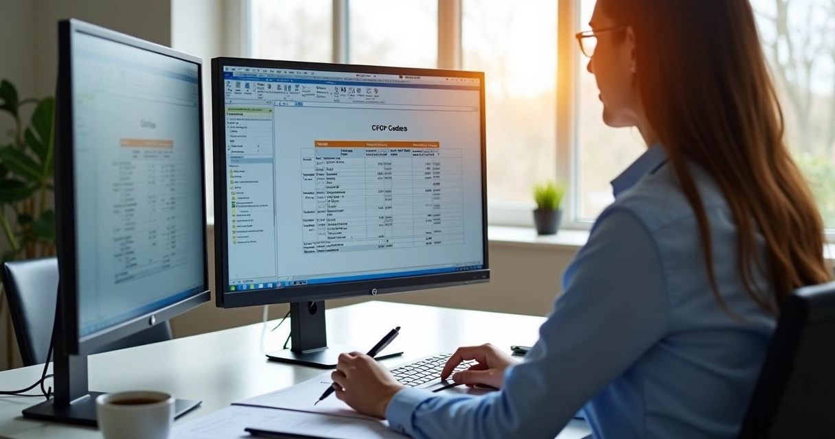 Profissional revisando processos contábeis em dois computadores 