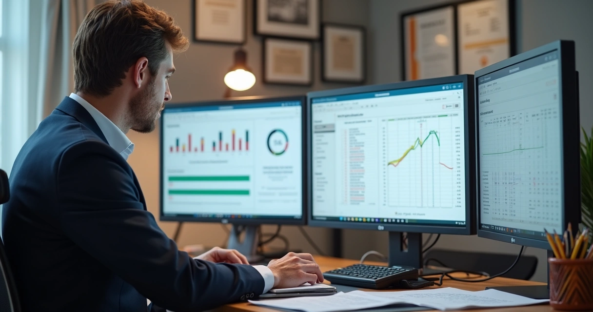 Profissional de contabilidade analisando processos automatizados em tela