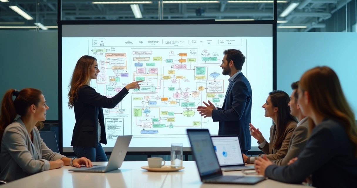 Profissionais analisando fluxo de processos em um quadro branco em empresa