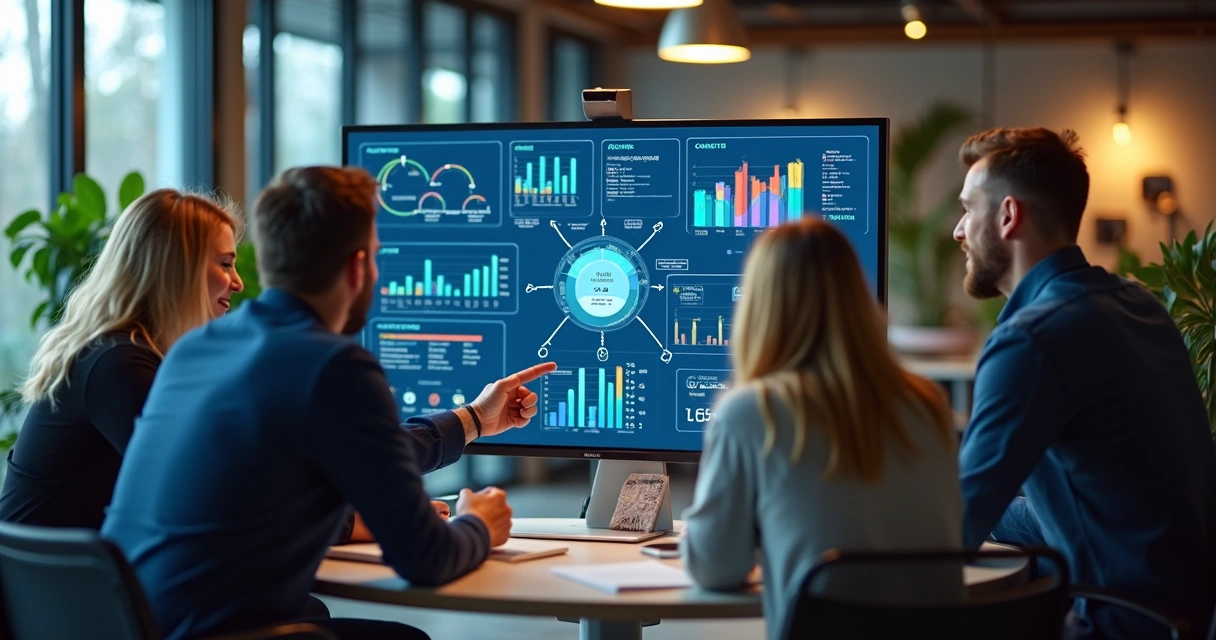 Equipe reunida analisando fluxos e dados em telas digitais 
