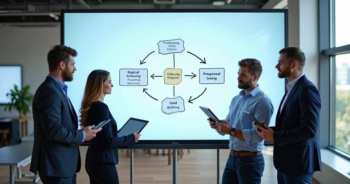 Equipe de vendas analisando fluxos de vendas automatizados em lousa digital 