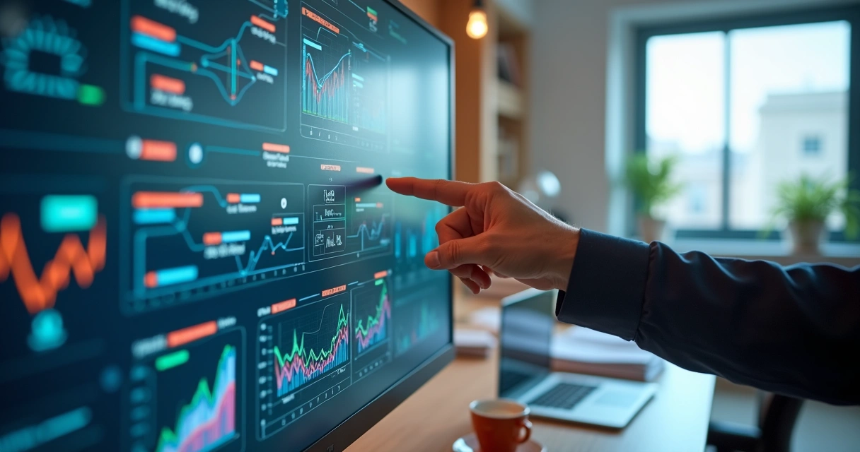 Mão humana apontando para uma tela digital interativa com gráficos e fluxogramas de processos internos destacados