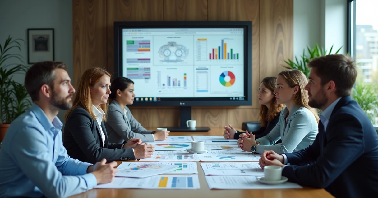 Equipe de operações analisando processos logísticos em uma mesa de reunião, com anotações e telas com gráficos. 