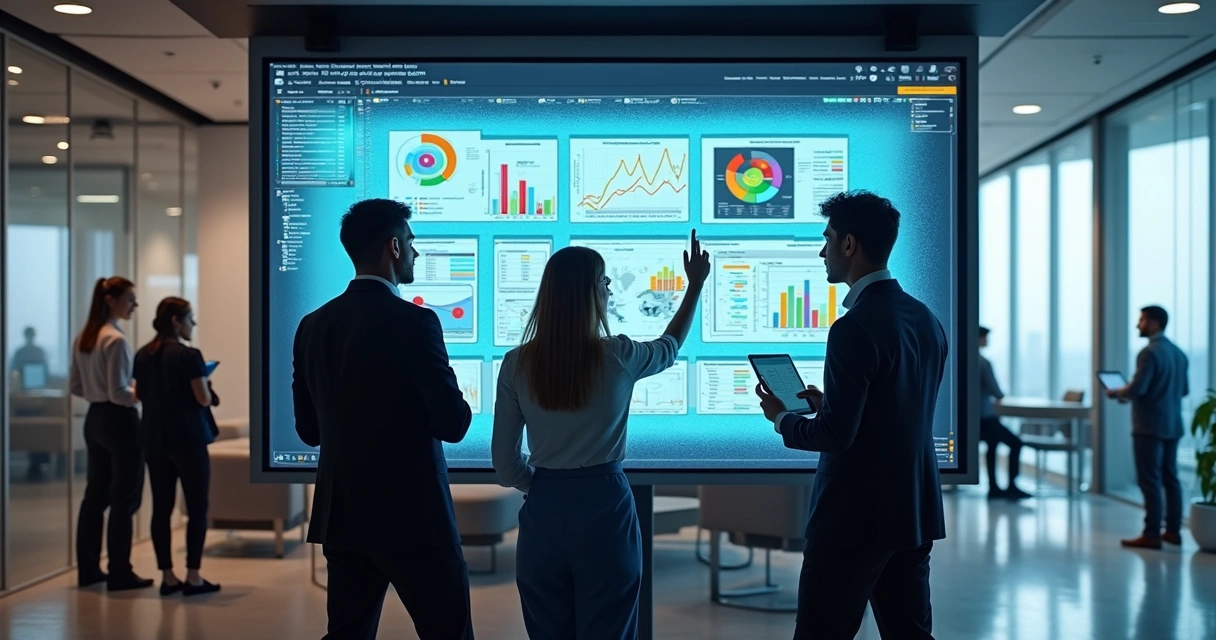 Equipe analisa processos de negócio usando dashboards interativos