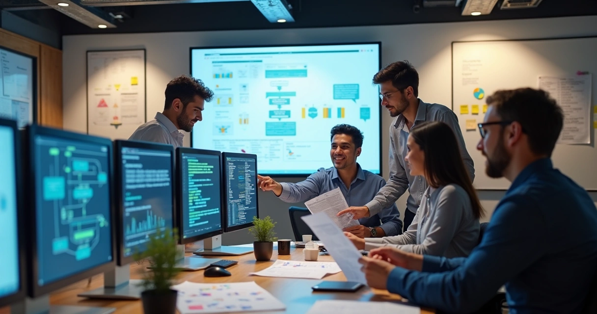 Equipe de TI analisando fluxos de integração em telas de computador 
