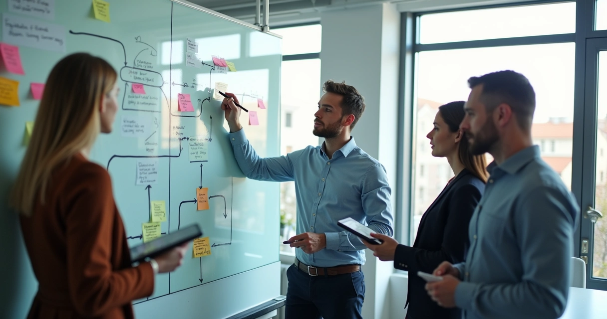 Equipe analisando processos em quadro 