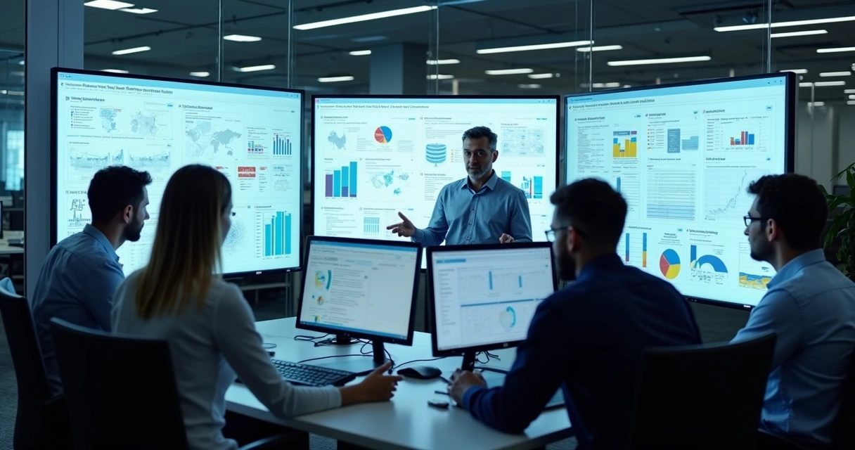 Profissionais analisando fluxos de processos de TI em monitores grandes 