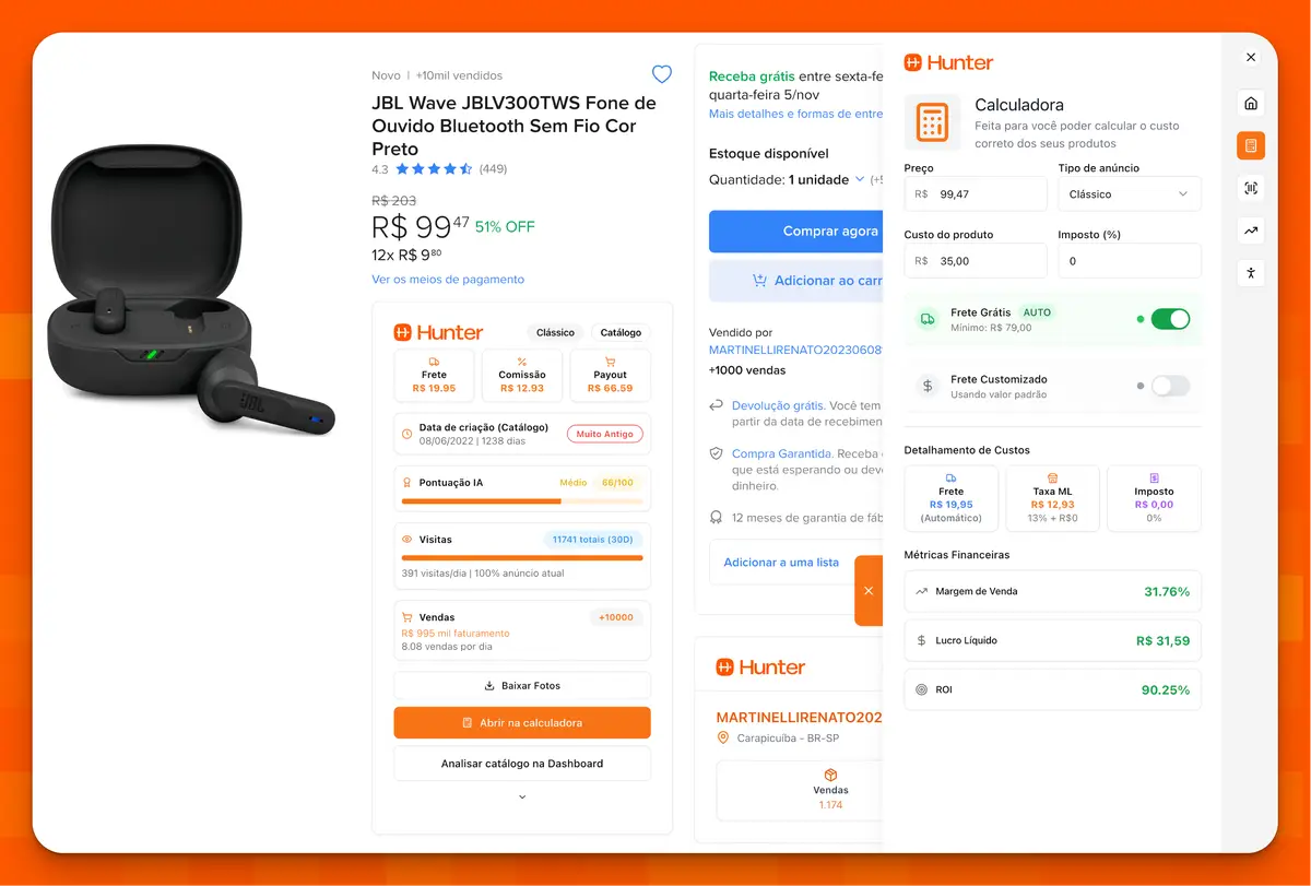 Tela da plataforma Hunter mostrando análise detalhada de produto JBL Wave com cálculo de lucro, comissionamento, frete e métricas financeiras
