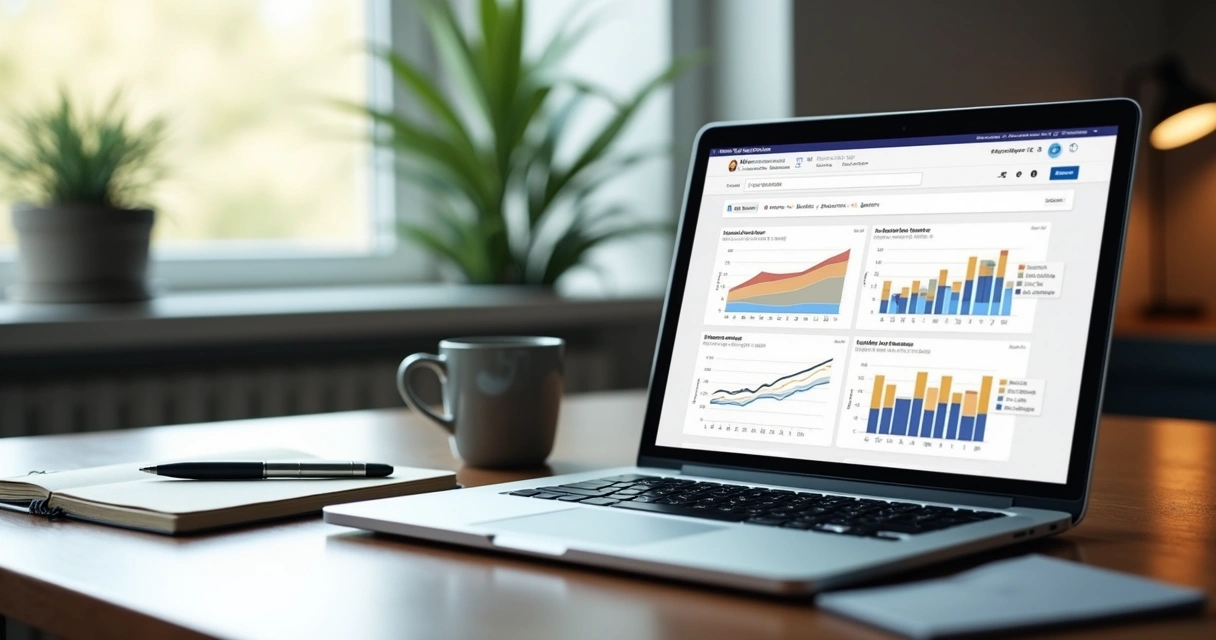 Gráficos de análise de produtos digitais em um notebook 