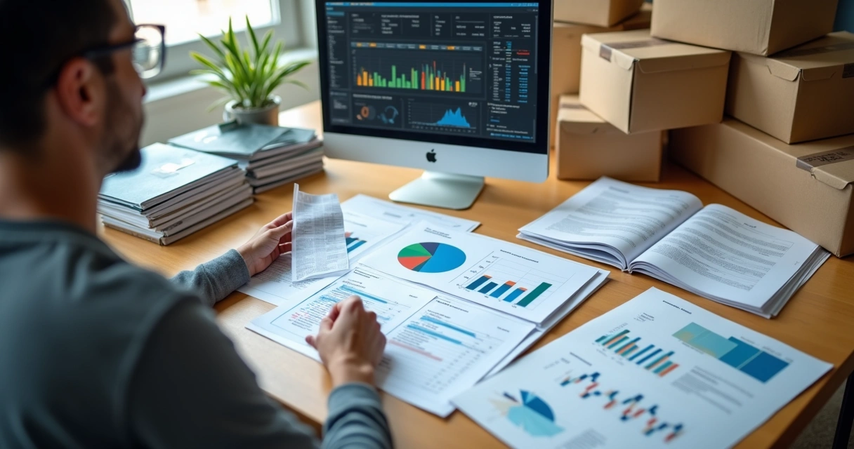 Pessoa analisando planilhas e catálogos de fornecedores em um escritório com caixas de produtos ao redor 