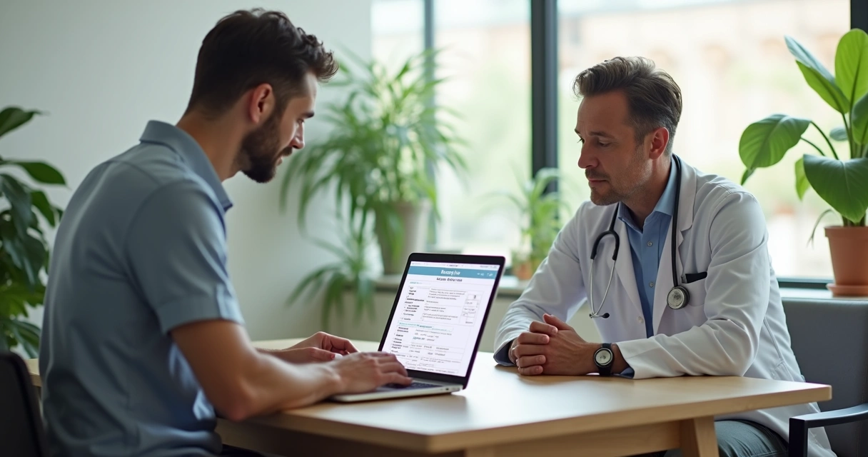 Homem analisando informações de saúde em laptop com médico 