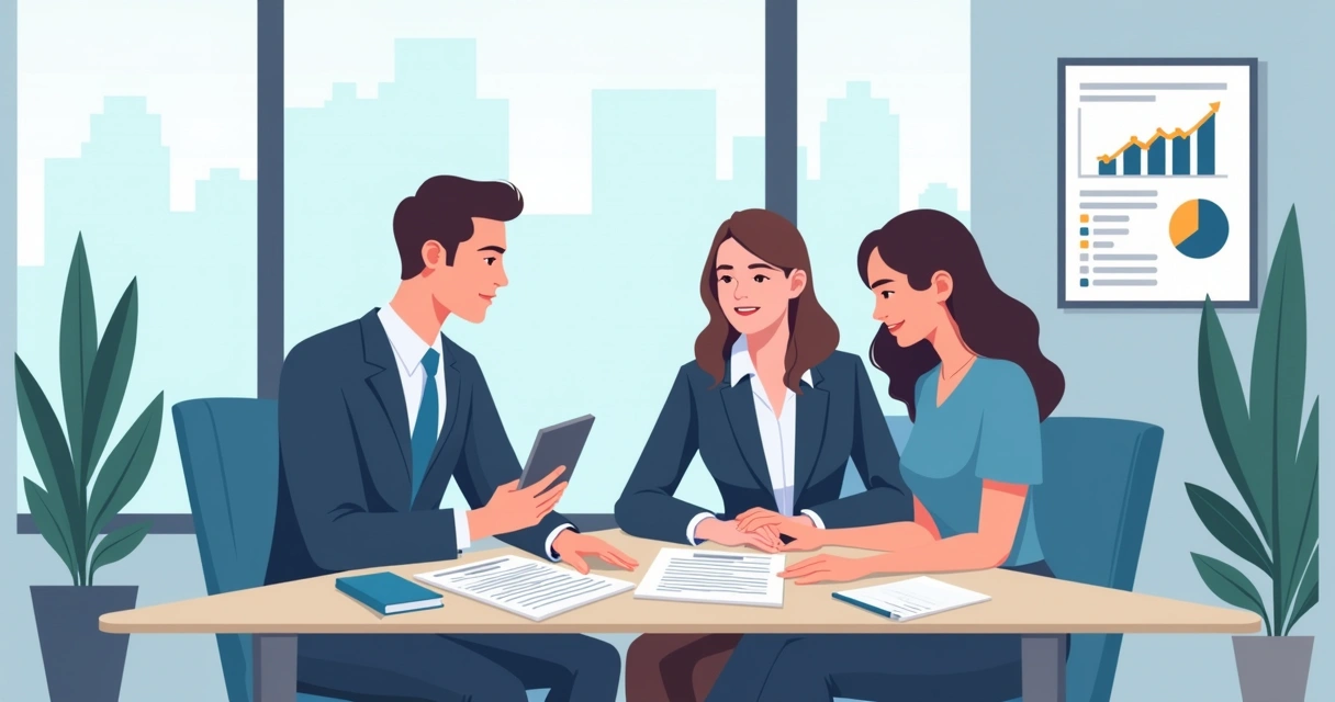 Consultor analisando apólice de seguro junto a casal 