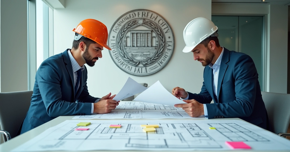 Pessoa analisando projeto arquitetônico com selo da prefeitura ao fundo 