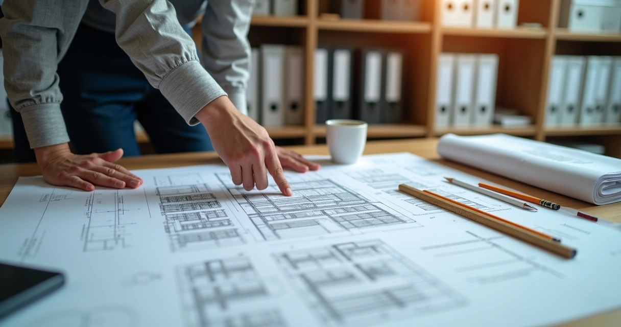 Profissional analisando planta de construção sobre uma mesa 