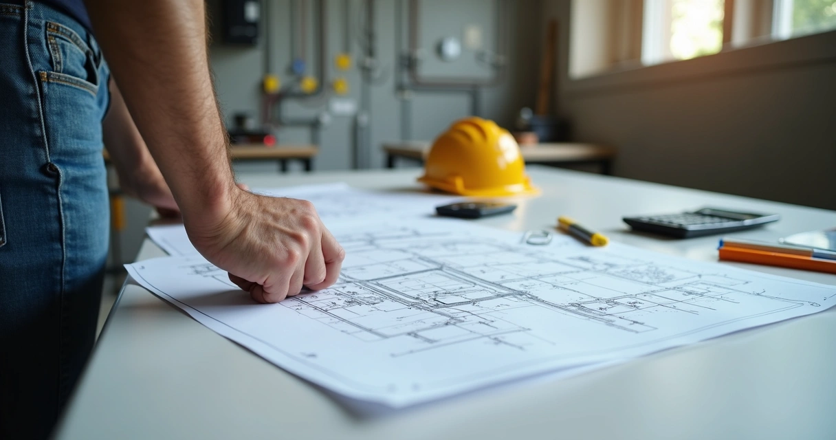 Engenheiro analisa projeto elétrico com planilhas e desenhos técnicos 