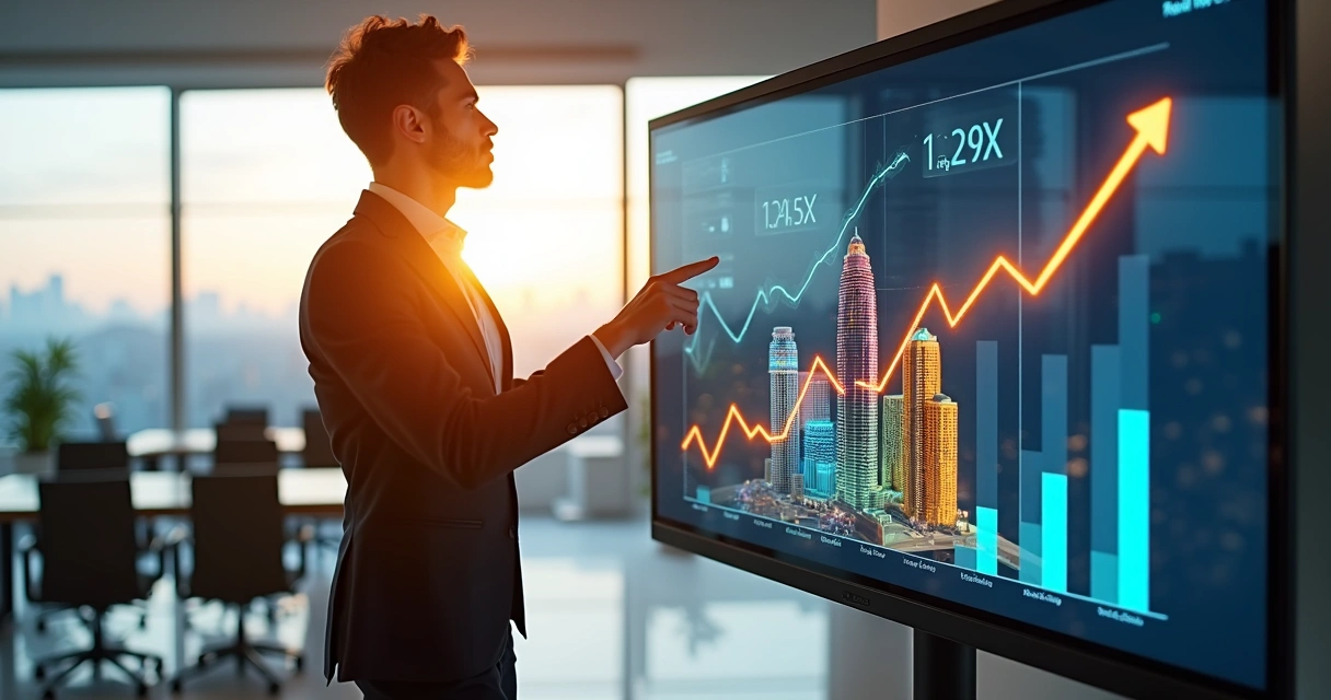 Profissional analisando gráficos de viabilidade em tela sobre projeto imobiliário digital