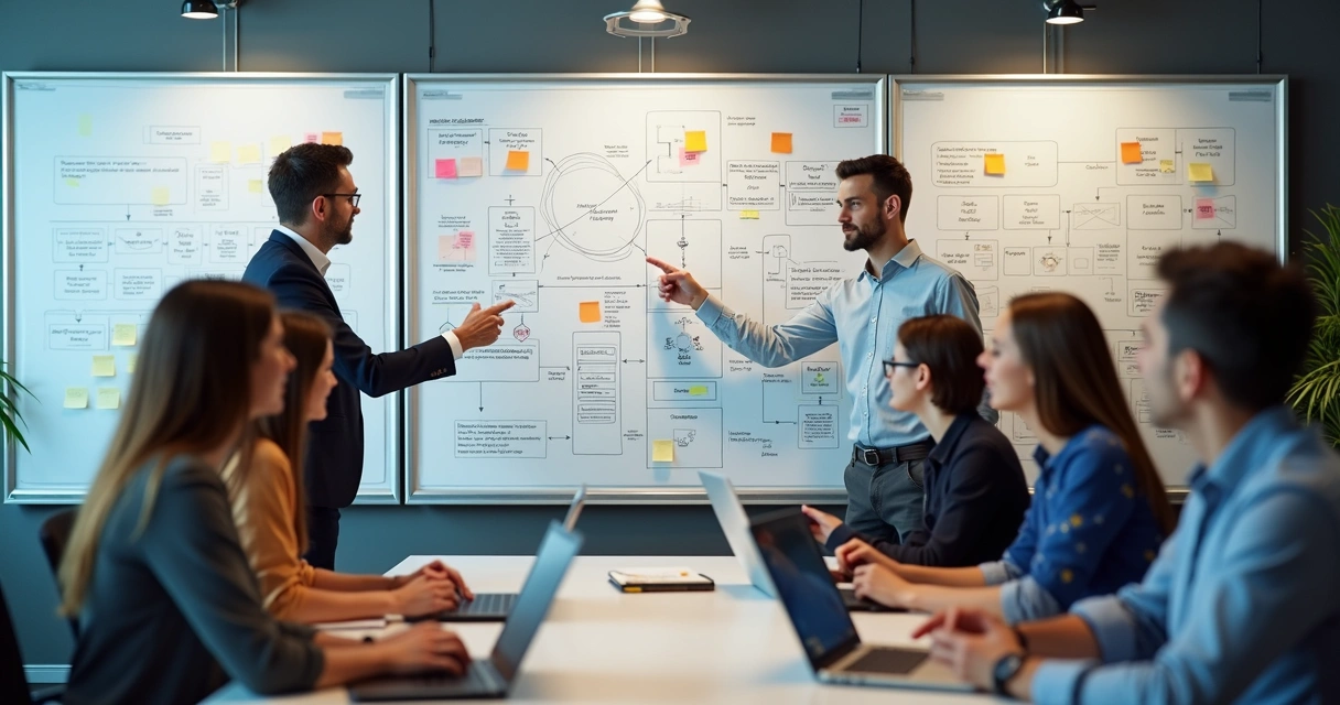 Equipe avaliando fluxos de processos em quadro branco 