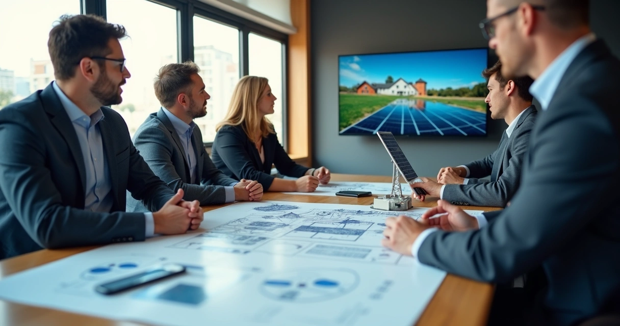 Equipe analisando projeto de sistema solar 