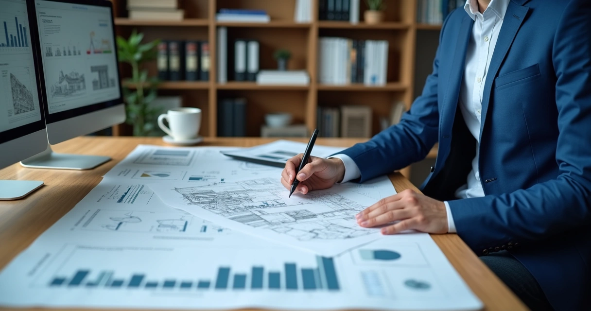 Consultor imobiliário analisando plantas e gráficos em mesa ampla