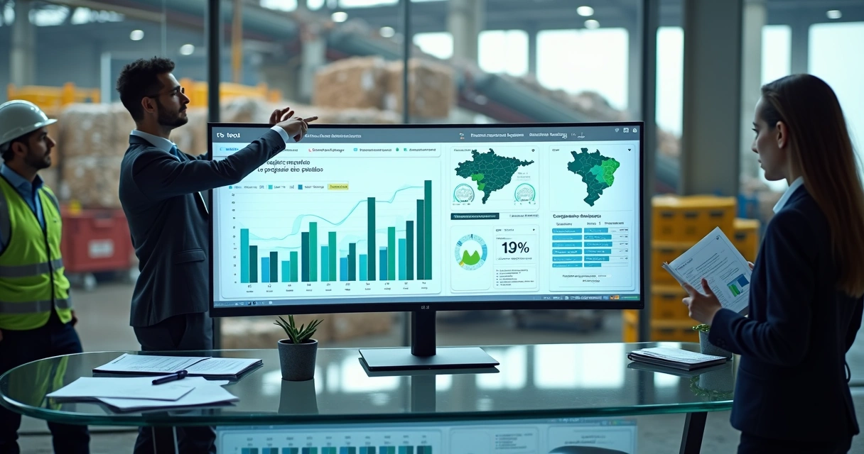 Painel com gráficos de captação da Lei de Incentivo à Reciclagem e pilhas de materiais recicláveis ao fundo 