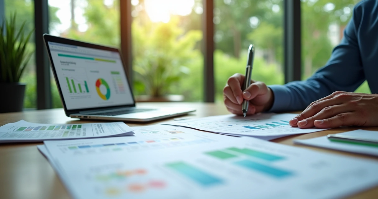 Pessoa analisando documentos técnicos e gráficos de projetos de reciclagem em um ambiente de escritório iluminado 