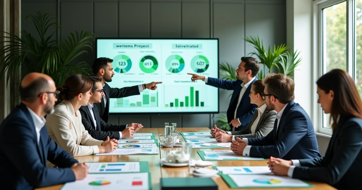 Equipe analisando projetos de reciclagem inovadores juntos 