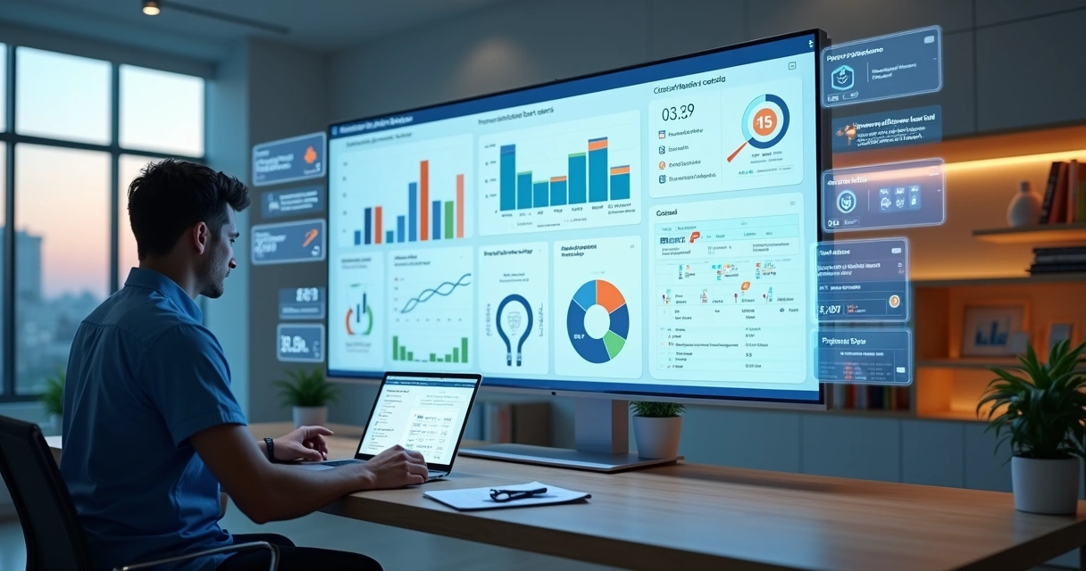 Profissional analisa painel de dados de prontuários digitais em tela ampla 