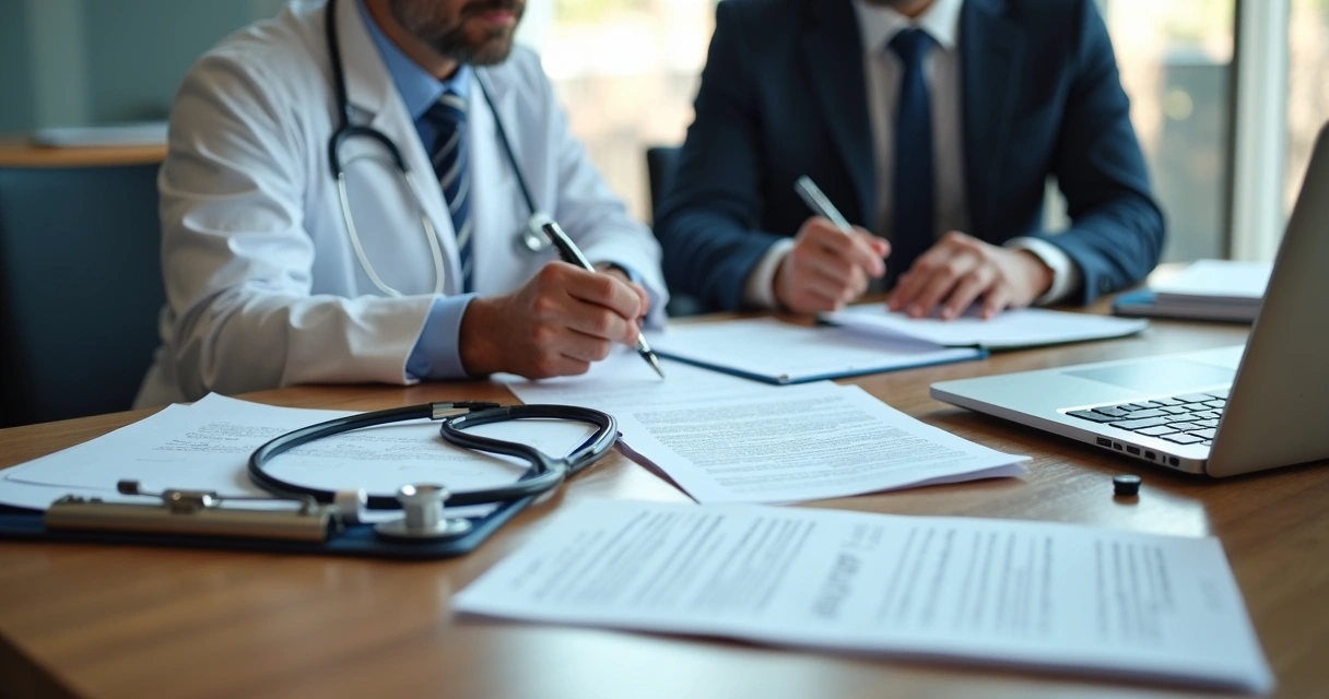 Advogado e médico analisando prontuário e documentos em mesa de reunião 