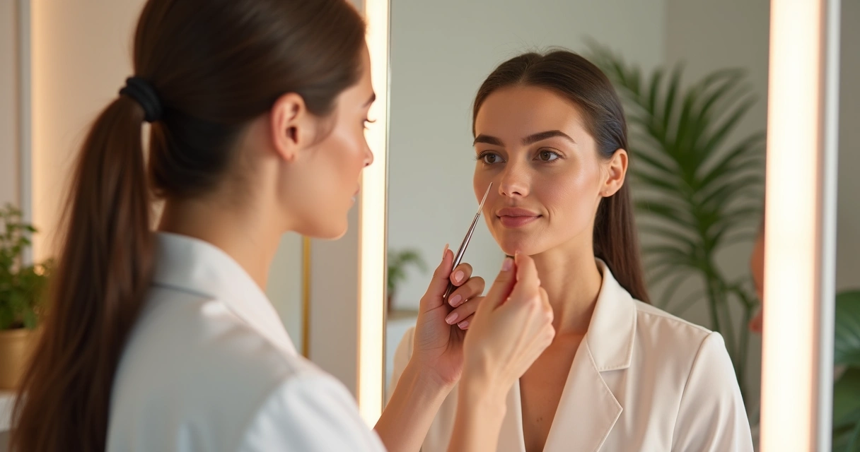 Especialista analisando proporção facial de paciente em frente ao espelho 