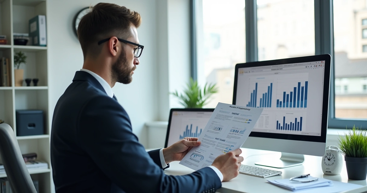 Pessoa analisando proposta financeira em escritório moderno