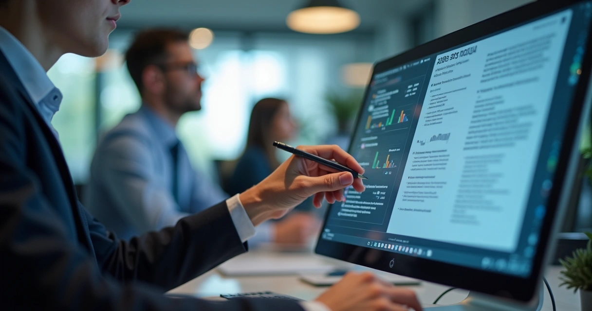 Vendedor revisando proposta digital com IA no computador 