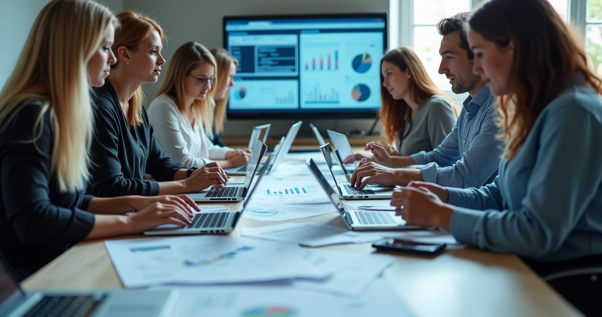 Equipe analisando propostas digitais em computadores com gráficos e textos 