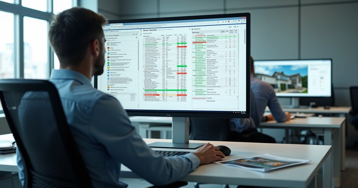 Pessoa analisando propostas imobiliárias em tela de computador 